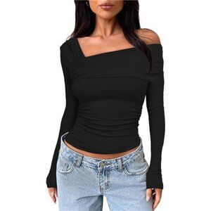 Women's One Off Shoulder Long Sleeve Top Black